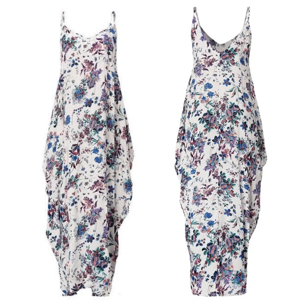 Floral Print V Neck Spaghetti Strap Bubble Maxi Dress with Pockets - Picture 3 of 5